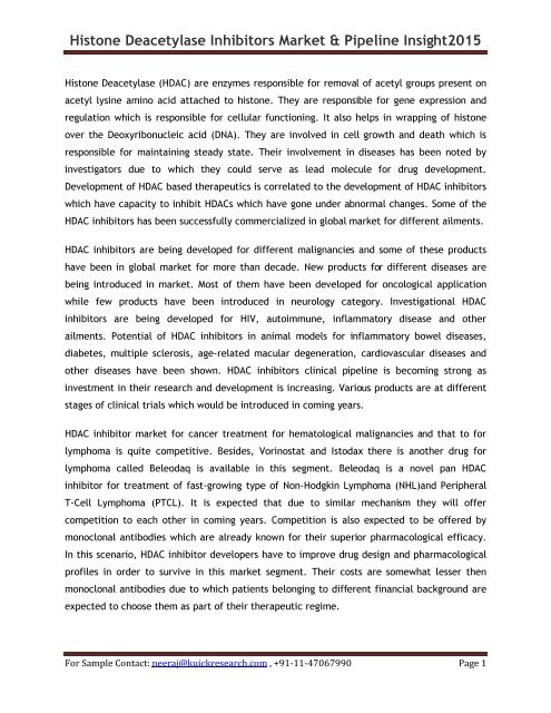 Histone Deacetylase Inhibitors Market & Pipeline Insight 2015