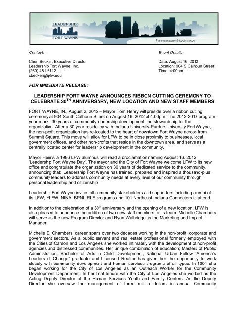 for immediate release - Fort Wayne Downtown Improvement District