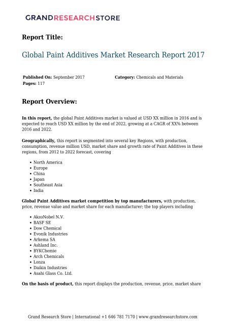 Global Paint Additives Market Research Report 2017
