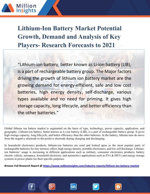 Lithium-Ion Battery Market Potential Growth, Demand and Analysis of Key Players- Research Forecasts to 2021