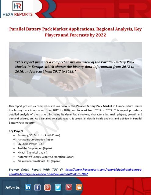 Parallel Battery Pack Market Applications, Regional Analysis, Key Players and Forecasts by 2022