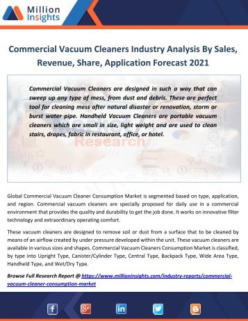 Commercial Vacuum Cleaners Industry Analysis By Sales, Revenue, Share, Application Forecast 2021