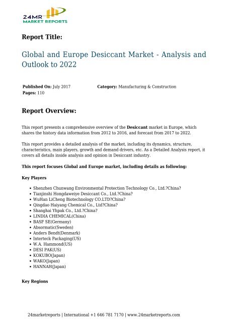 Desiccant Market - Analysis and Outlook to 2022 