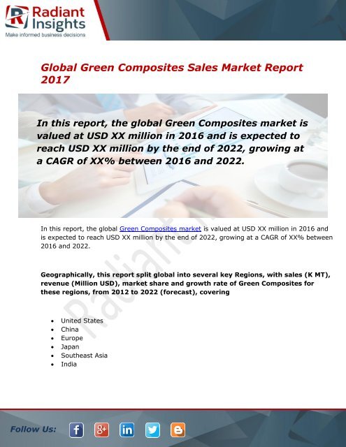 Green Composites Sales Market Size, Share, Trends, Analysis and Forecast Report to 2022:Radiant Insights, Inc
