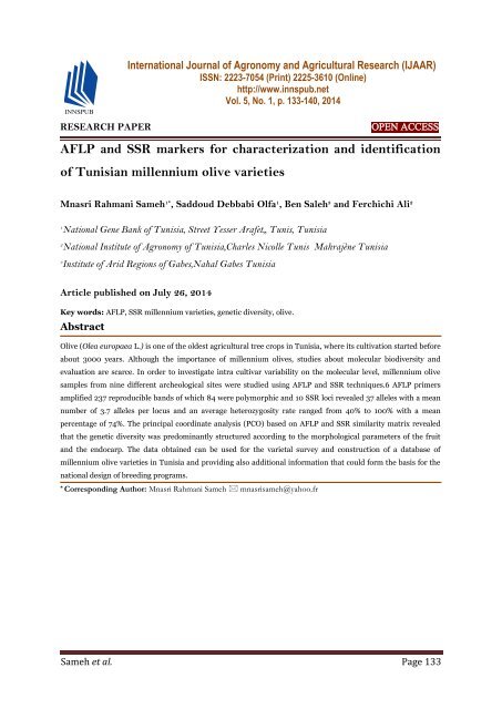 AFLP and SSR markers for characterization and identification of Tunisian millennium olive varieties