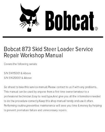 Bobcat 873 Skid Steer Loader Service Repair Workshop Manual