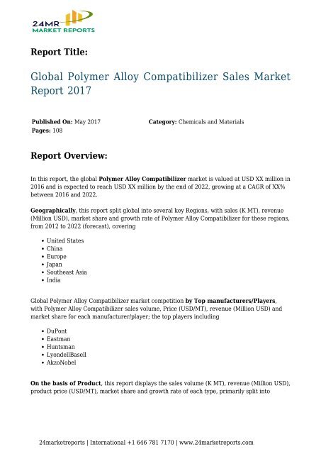 Polymer Alloy Compatibilizer Sales Market Report 2017 