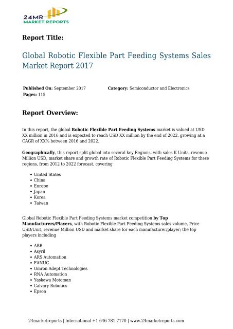 Robotic Flexible Part Feeding Systems Sales Market Report 2017