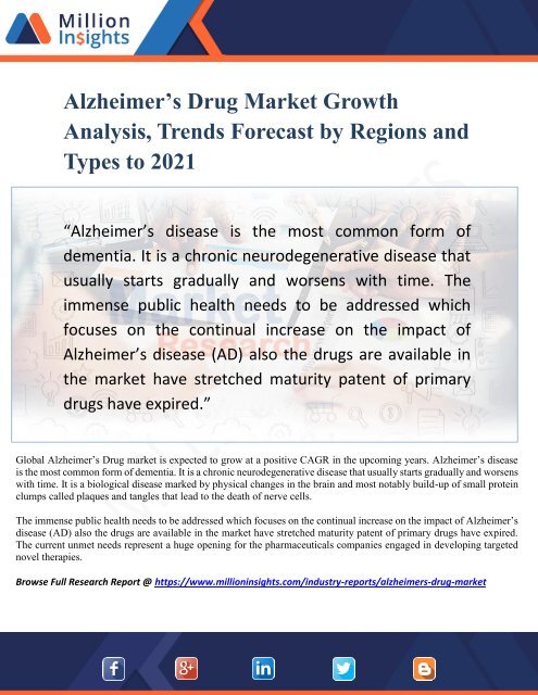 Alzheimer’s Drug Market Growth Analysis, Trends Forecast by Regions and Types to 2021