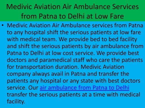 Hi-Tech ICU Air Ambulance from Patna to Delhi with Doctors Service