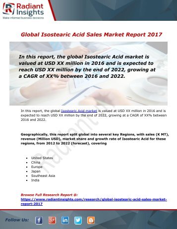 Isostearic Acid Sales Market Size, Share, Trends, Analysis and Forecast Report to 2022:Radiant Insights, Inc