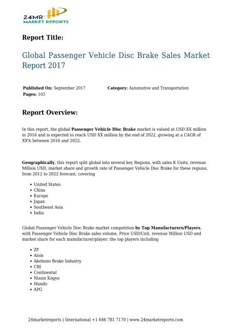 Passenger Vehicle Disc Brake Sales Market Report 2017