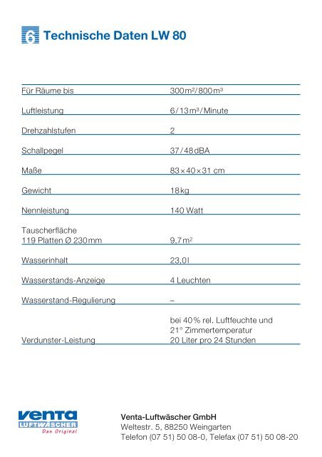 Technische Daten LW 80 6 - Venta Luftwäscher GmbH