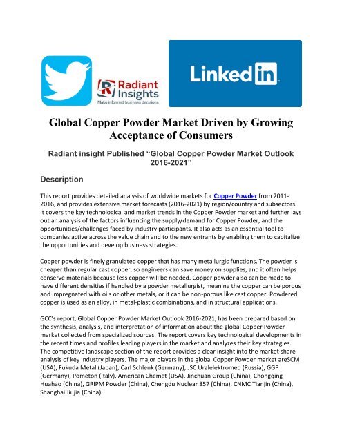 Global Copper Powder Market Driven by Growing Acceptance of Consumers