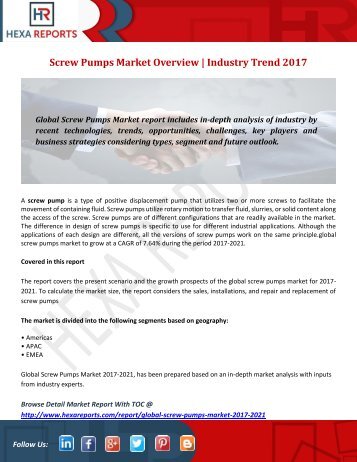 Screw Pumps Market Overview  Industry Trend 2017