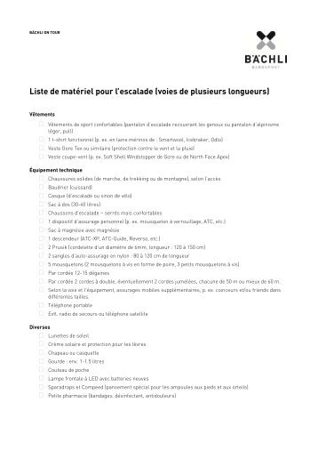 Liste de matériel pour l’escalade (voies de plusieurs longueurs)