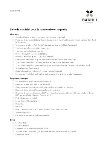 Liste de matériel pour la randonnée en raquette
