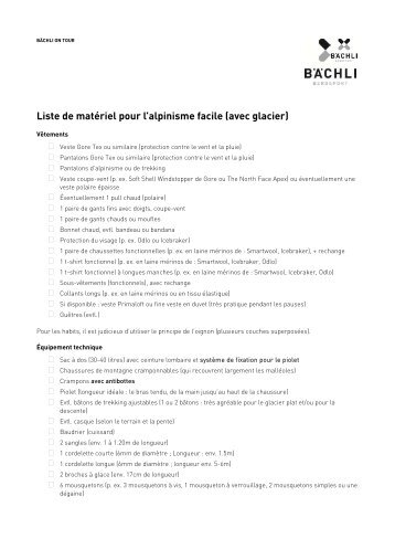 Liste de matériel pour l’alpinisme facile (avec glacier)