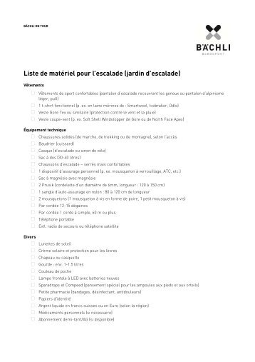 Liste de matériel pour l’escalade (jardin d’escalade)