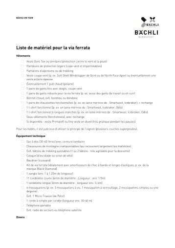 Liste de matériel pour la via ferrata