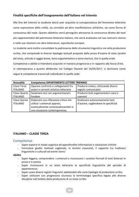 Programmazione del Dipartimento di Lettere