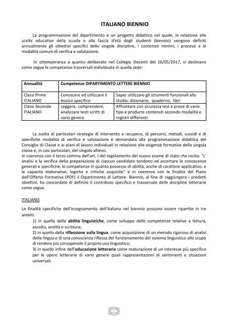 Programmazione del Dipartimento di Lettere