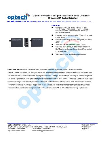 2 port 10/100Base-T to 1 port 100Base-FX Media Converter OPMA ...