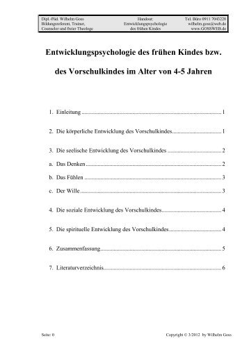 Zur Entwicklungspsychologie des Vorschulkindes im Alter von 4-5 Jahren