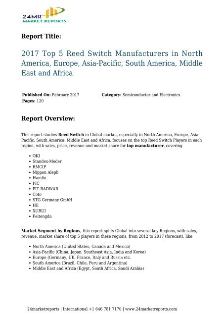 Reed Switch Manufacturers in North America, Europe, Asia-Pacific, South America, Middle East and Africa