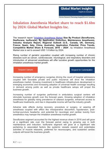 Inhalation Anesthesia Market share to reach $1.6bn by 2024