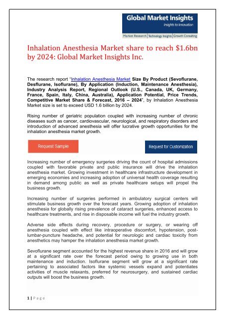 Inhalation Anesthesia Market share to reach $1.6bn by 2024