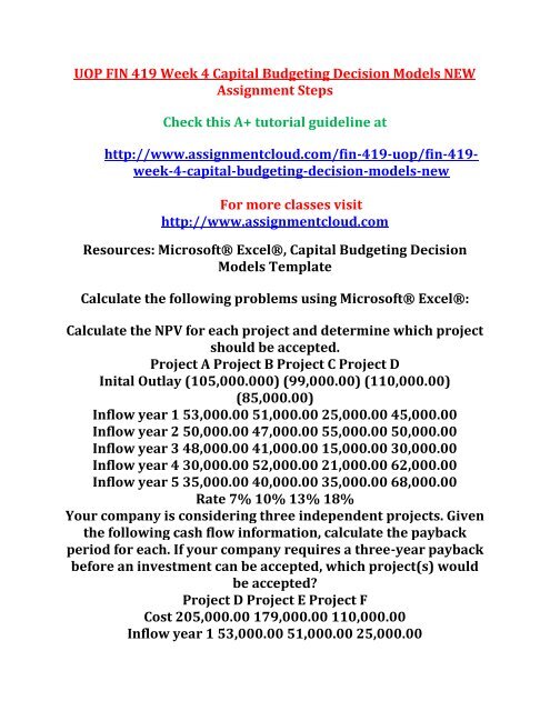 UOP FIN 419 Week 4 Capital Budgeting Decision Models NEW