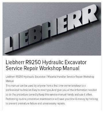 Liebherr R9250 Hydraulic Excavator Service Repair Workshop Manual