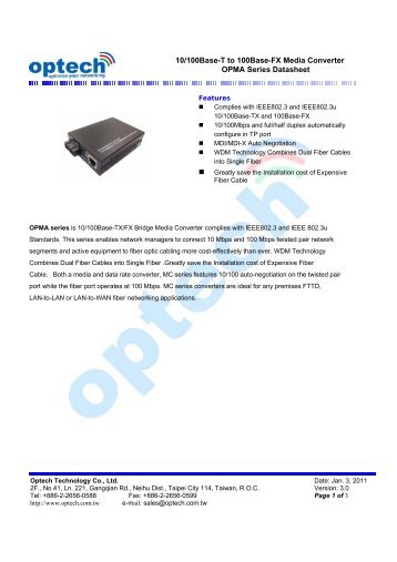 10/100Base-T to 100Base-FX Media Converter OPMA Series ...