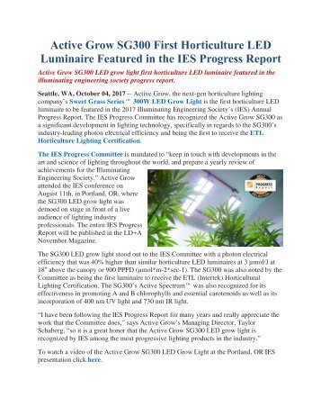 Active Grow SG300 First Horticulture LED Luminaire Featured in the IES Progress Report