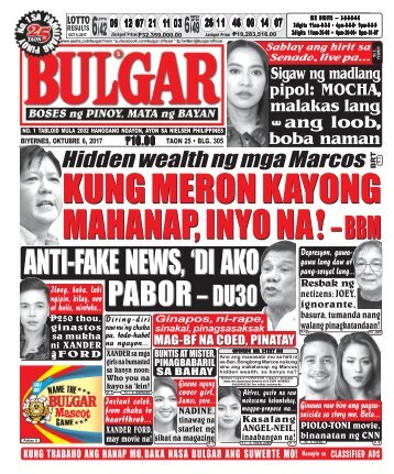 OCTOBER 6, 2017 BULGAR: BOSES NG PINOY, MATA NG BAYAN