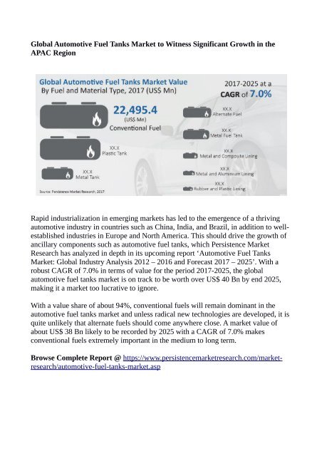 Automotive Fuel Tanks Market To Reach US$ 40 Billion By 2025