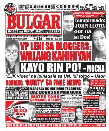 OCTOBER 7, 2017 BULGAR: BOSES NG PINOY, MATA NG BAYAN