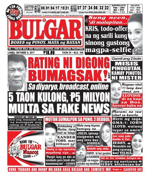 OCTOBER 9, 2017 BULGAR: BOSES NG PINOY, MATA NG BAYAN