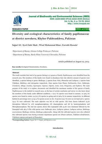 Diversity and ecological characteristics of family papilionaceae at district nowshera, Khyber Pakhtunkhwa, Pakistan