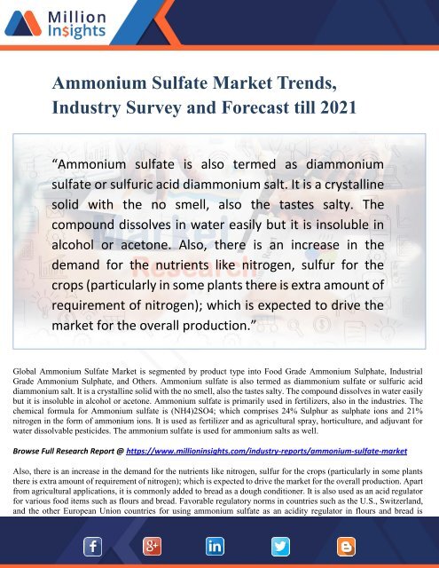 Ammonium Sulfate Market Trends, Industry Survey and Forecast till 2021