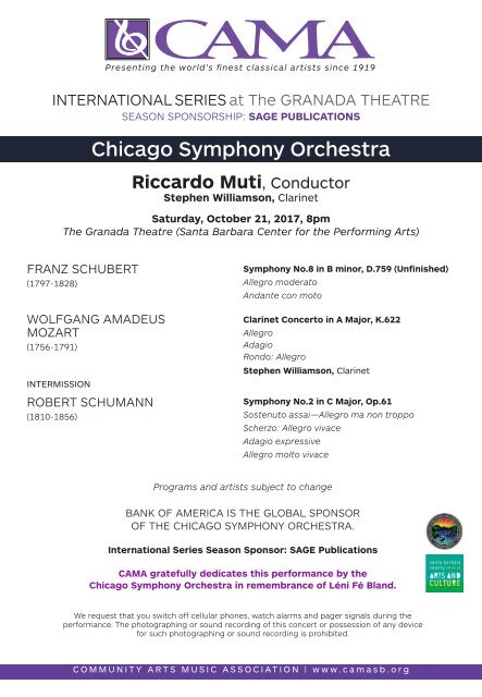 CAMA presents Chicago Symphony Orchestra - October 21, 2017 - International Series at The Granada Theatre