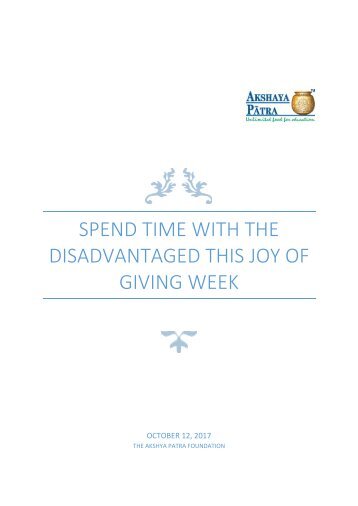 Spend time with the disadvantaged this joy of giving week