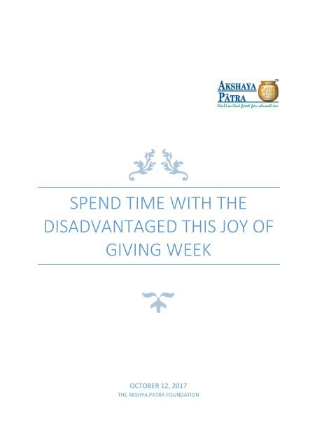 Spend time with the disadvantaged this joy of giving week