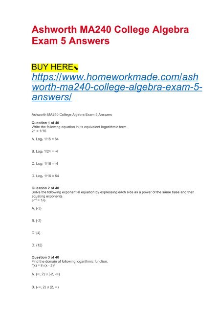 Ashworth MA240 College Algebra Exam 5 Answers