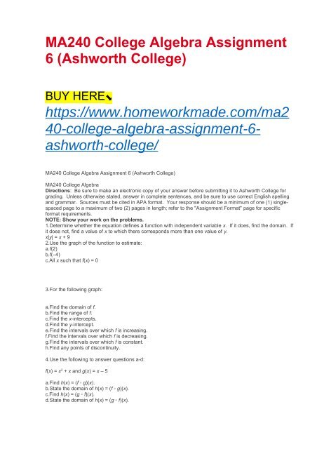 MA240 College Algebra Assignment 6 (Ashworth College)