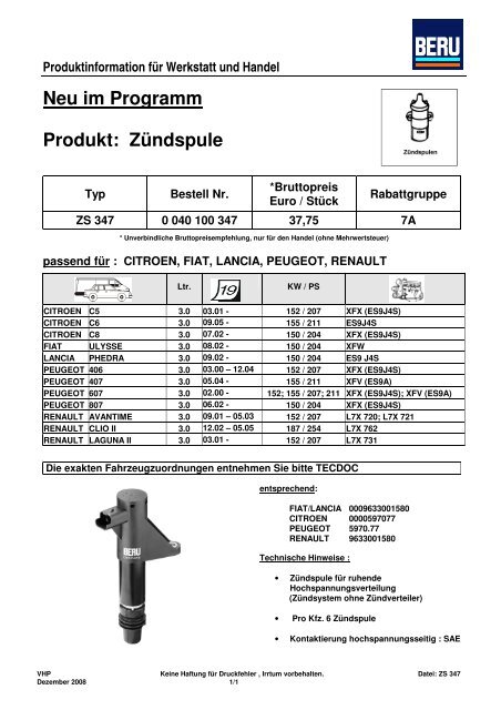 Neu im Programm Produkt: Zündspule - Autoteile Pirna