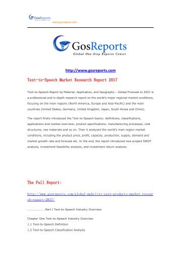 Forecast and Analysis on  Text-to-Speech Market Research Report 2017