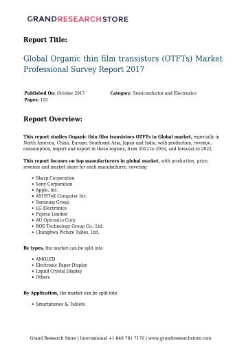 Global Organic thin film transistors (OTFTs) Market Professional Survey Report 2017