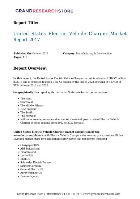 United States Electric Vehicle Charger Market Report 2017